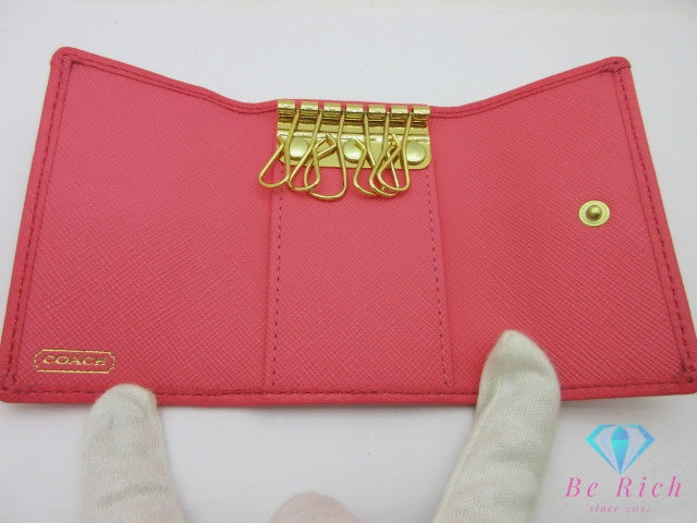 コーチ COACH 6連 キーケース オプアート ベージュ ピンク キャンバス レザー  ロゴ  キーホルダー アクセサリー 小物 【中古】 bc2333