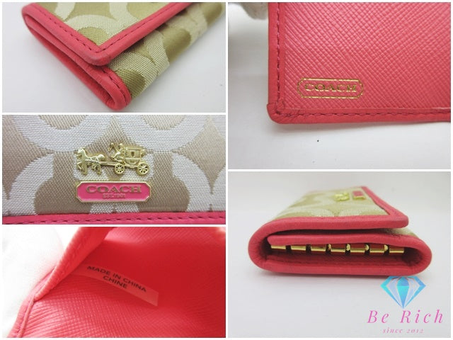 コーチ COACH 6連 キーケース オプアート ベージュ ピンク キャンバス レザー  ロゴ  キーホルダー アクセサリー 小物 【中古】 bc2333