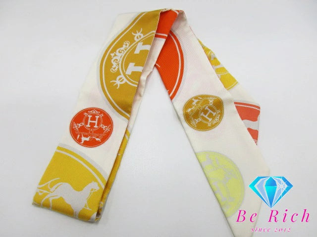 美品 エルメス HERMES ツイリー スカーフ EX-Libris エクスリブリスの紙吹雪 062494S シルク 絹 アイボリー オレンジ ストール 巻物 小物 【中古】【送料無料】 bh2353
