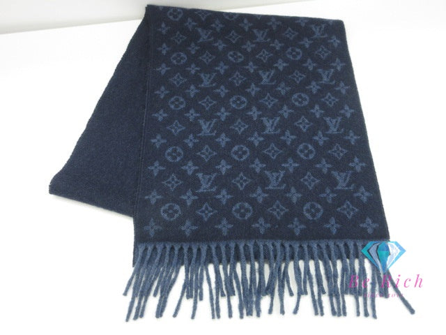 ルイ ヴィトン LOUIS VUITTON エシャルプ モノグラム グラディエント M70257 マフラー ブルー マリーヌ ウール シルク ストール フリンジ 小物  【中古】【送料無料】bh2684