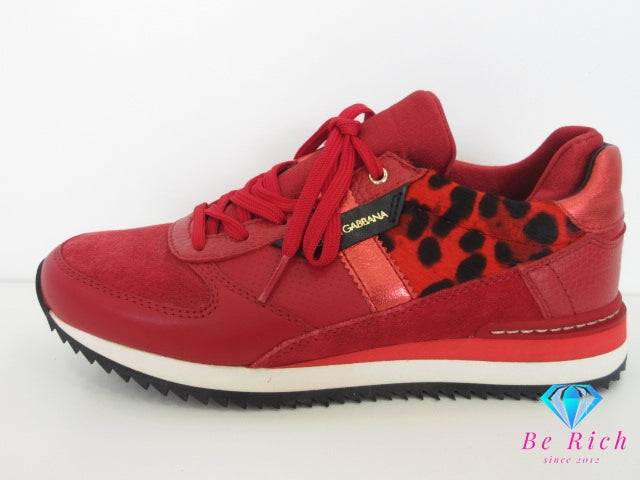 ドルチェ アンド ガッバーナ Dolce & Gabbana ローカット スニーカー ヒョウ柄 レオパード 赤 レッド 36.5 23.5cm レザー ハラコ スエード レディース 靴 シューズ【中古】【送料無料】bh2761