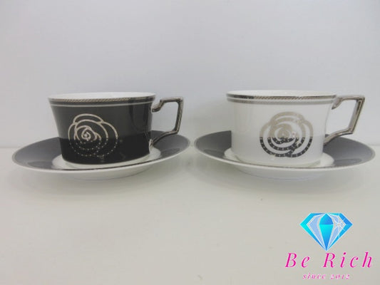 ノリタケ NORITAKE エイダン ティー カップ & ソーサー 2客 セット ホワイト 白 ブラック 黒 シルバー ペア 陶器 コップ 皿 紅茶 食器 テーブル ウェア  製陶 【中古】【送料無料】 bh2813