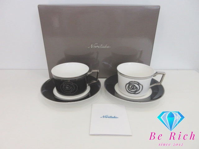 ノリタケ NORITAKE エイダン ティー カップ & ソーサー 2客 セット ホワイト 白 ブラック 黒 シルバー ペア 陶器 コップ 皿 紅茶 食器 テーブル ウェア  製陶 【中古】【送料無料】 bh2813