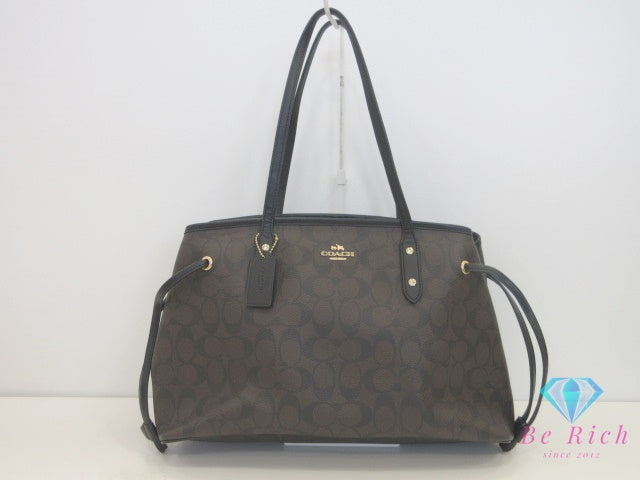 コーチ COACH トートバッグ F57842 シグネチャー ドローストリング キャリーオール ブラウン ブラック 茶 黒 PVC ロゴ ショルダーバッグ ハンドバッグ  【中古】【送料無料】 bk10151