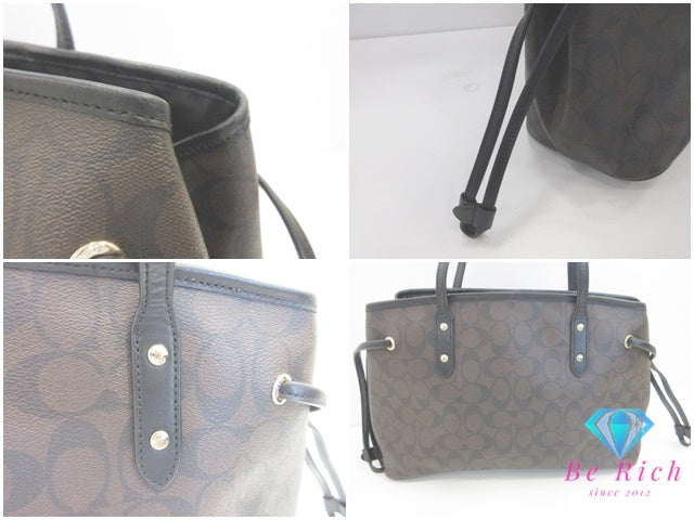 コーチ COACH トートバッグ F57842 シグネチャー ドローストリング キャリーオール ブラウン ブラック 茶 黒 PVC ロゴ ショルダーバッグ ハンドバッグ  【中古】【送料無料】 bk10151