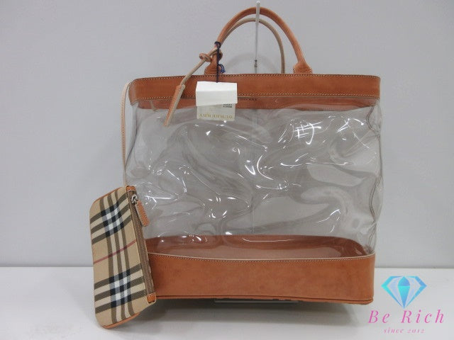 バーバリー BURBERRY ノバチェック クリア トートバッグ ハンドバッグ ポーチ 付 ブラウン 茶 マルチカラー ノバ チェック ビニール PVC レザー ロゴ 鞄 【中古】【送料無料】 bk10172