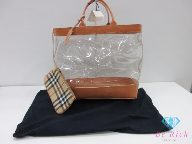 バーバリー BURBERRY ノバチェック クリア トートバッグ ハンドバッグ ポーチ 付 ブラウン 茶 マルチカラー ノバ チェック ビニール PVC レザー ロゴ 鞄 【中古】【送料無料】 bk10172