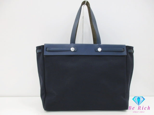 エルメス HERMES ハンドバッグ エールバッグ カバス GM □F 刻印 紺 ネイビー キャンバス レザー ロゴ 替え 2way 鞄 【中古】【送料無料】 bk10226