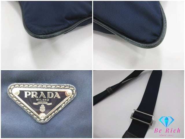 プラダ PRADA ショルダーバッグ VA0053 マチなし スクエア ネイビー 紺 ナイロン ポコノ 三角 プレート ロゴ メッセンジャーバッグ サコッシュ クロスボディ 斜め掛け 肩掛け 鞄  【中古】【送料無料】 bk10276