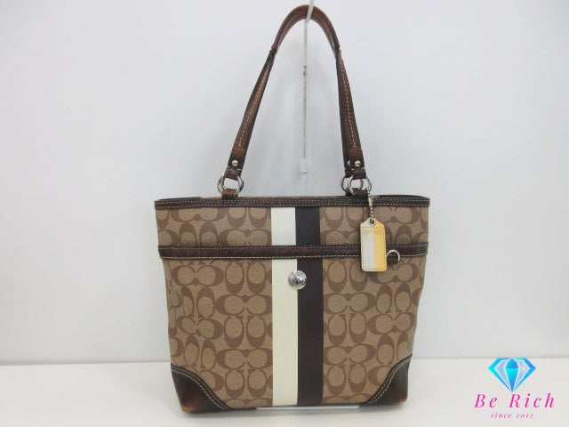 コーチ COACH トートバッグ F14477 ヘリテージ シグネチャー ストライプ ブラウン 茶 PVC レザー ロゴ ハンドバッグ ショルダーバッグ 手提げ 肩掛け 鞄  【中古】【送料無料】 bk10309