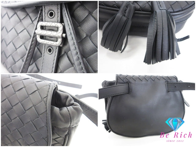 美品 ボッテガ ヴェネタ BOTTEGA VENETA  イントレチャート ウエスト ポーチ ブラック 黒 レザー ロゴ ボディバッグ ポーチ 鞄 【中古】【送料無料】 bk10342