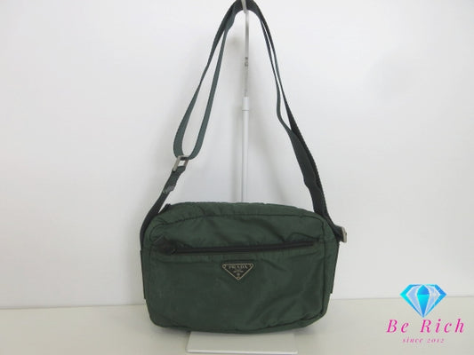 プラダ PRADA ショルダーバッグ カーキ グリーン 緑 ナイロン レザー 三角 プレート ロゴ クロスボディ 斜め掛け 鞄 【中古】【送料無料】 bk10343
