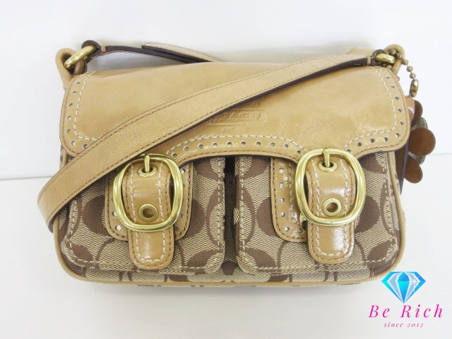 コーチ COACH ショルダーバッグ ブリーカー シグネチャー ジェシー フラップ 12502 カーキ ベージュ キャンバス レザー ロゴ ポシェット クロスボディ 斜め掛け 鞄  【中古】【送料無料】 bk10361