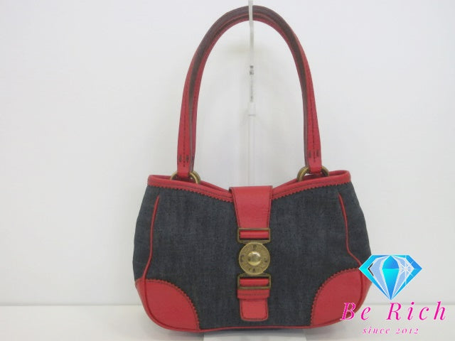 ミュウミュウ miumiu ハンドバッグ ネイビー インディゴ レッド 赤 デニム レザー ロゴ トートバッグ 鞄 【中古】【送料無料】 bk10363