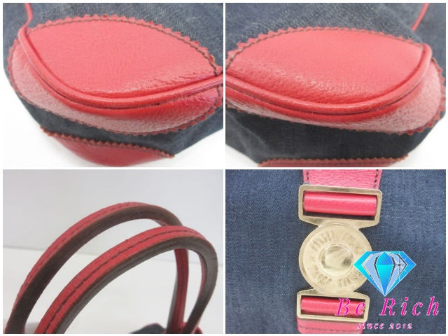 ミュウミュウ miumiu ハンドバッグ ネイビー インディゴ レッド 赤 デニム レザー ロゴ トートバッグ 鞄 【中古】【送料無料】 bk10363