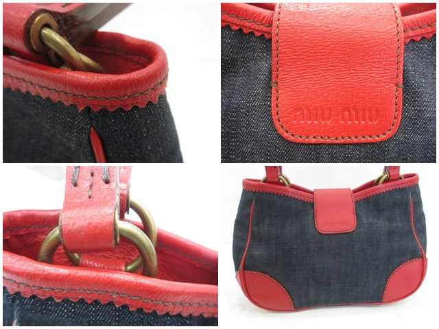 ミュウミュウ miumiu ハンドバッグ ネイビー インディゴ レッド 赤 デニム レザー ロゴ トートバッグ 鞄 【中古】【送料無料】 bk10363