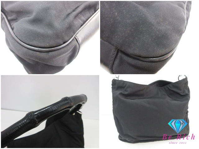 グッチ GUCCI 2way ショルダーバッグ ショルダーなし 001.1577 バンブー ハンドル ブラック 黒 ナイロンキャンバス GG ロゴ ハンドバッグ ホーボー セミ 鞄  【中古】【送料無料】 bk10371