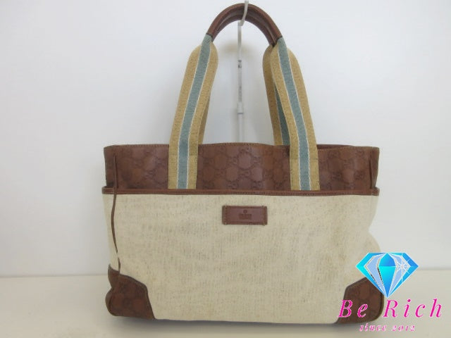 グッチ GUCCI ハンドバッグ トートバッグ 161770 GG シマ レザー キャンバス ベージュ ブラウン 茶 ロゴ  鞄 手提げ レディース【中古】【送料無料】bk10477