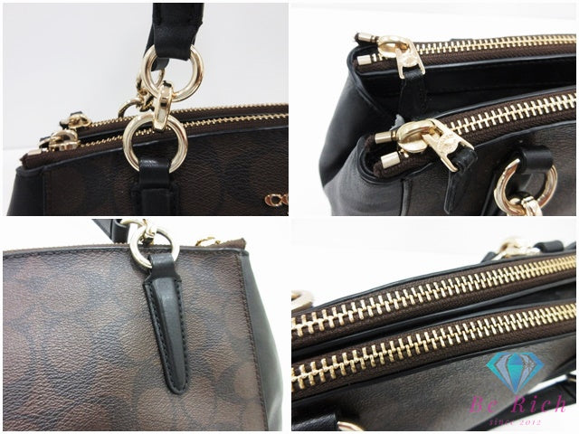 コーチ COACH シグネチャー 2way ハンドバッグ ショルダーバッグ F57521 茶 ダークブラウン 黒 ブラック レザー ロゴ ボストンバッグ 鞄 【中古】【送料無料】 bk10495
