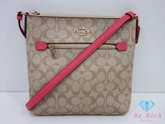 コーチ COACH シグネチャー ショルダーバッグ ポシェット C1554 ライトカーキ ピンク レザー ロゴ ファイルバッグ クロスボディ 斜め掛け 鞄 【中古】【送料無料】 bk10497