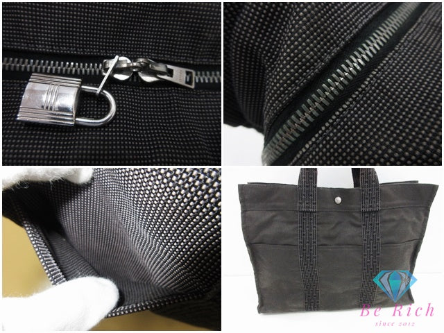 HERMES エルメス トートバッグ エールライン MM 黒 ブラック グレー キャンバス ハンドバッグ 鞄 手提げ レディース メンズ 【中古】【送料無料】bk10565