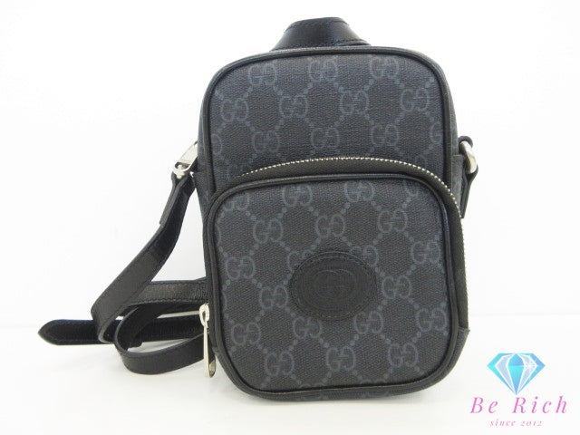グッチ GUCCI インターロッキング G ショルダーバッグ 672952 GG スプリーム 黒 ブラック グレー ロゴ PVC レザー ポシェット クロスボディ 斜め掛け 鞄 スマホ 【中古】【送料無料】 bk10633