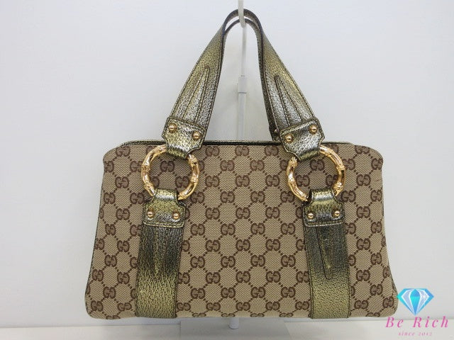 グッチ GUCCI ハンドバッグ 131324 GG ベージュ ブラウン カーキ キャンバス レザー ロゴ ショルダーバッグ トートバッグ 肩掛け 鞄 【中古】【送料無料】 bk10661