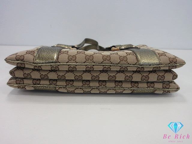 グッチ GUCCI ハンドバッグ 131324 GG ベージュ ブラウン カーキ キャンバス レザー ロゴ ショルダーバッグ トートバッグ 肩掛け 鞄 【中古】【送料無料】 bk10661