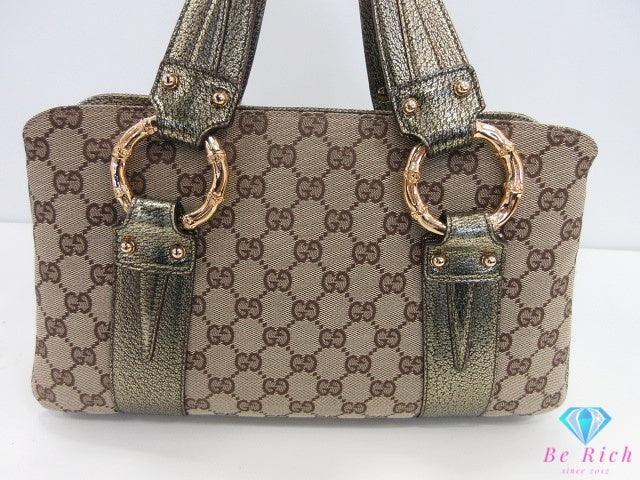 グッチ GUCCI ハンドバッグ 131324 GG ベージュ ブラウン カーキ キャンバス レザー ロゴ ショルダーバッグ トートバッグ 肩掛け 鞄 【中古】【送料無料】 bk10661