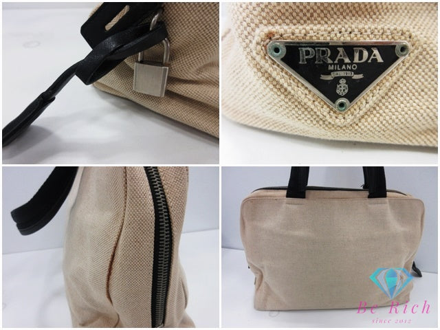 プラダ PRADA ハンドバッグ ベージュ ブラック 黒 キャンバス レザー 三角 プレート ロゴ 手提げ 鞄  【中古】【送料無料】 bk10687