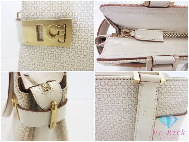 フェラガモ Salvatore Ferragamo ガンチーニ 2way ハンドバッグ ストラップなし AQ-21 0167 アイボリー ゴールド レザー ロゴ 鞄 手提げ  【中古】【送料無料】 bk10693