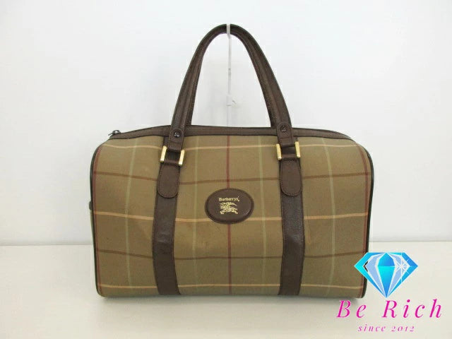 バーバリー BURBERRY ボストンバッグ チェック ベージュ 茶 PVC レザー ロゴ ハンドバッグ トラベル 旅行 鞄 【中古】【送料無料】 bk7384