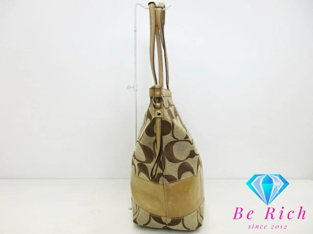 コーチ COACH トートバッグ ハンドバッグ F12428 シグネチャー ストライプ パテント ボーダー カーキ ベージュ キャンバス レザー ロゴ ショルダーバッグ 鞄 【中古】【送料無料】bk8389