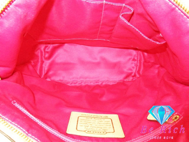 コーチ COACH トートバッグ ハンドバッグ F12428 シグネチャー ストライプ パテント ボーダー カーキ ベージュ キャンバス レザー ロゴ ショルダーバッグ 鞄 【中古】【送料無料】bk8389