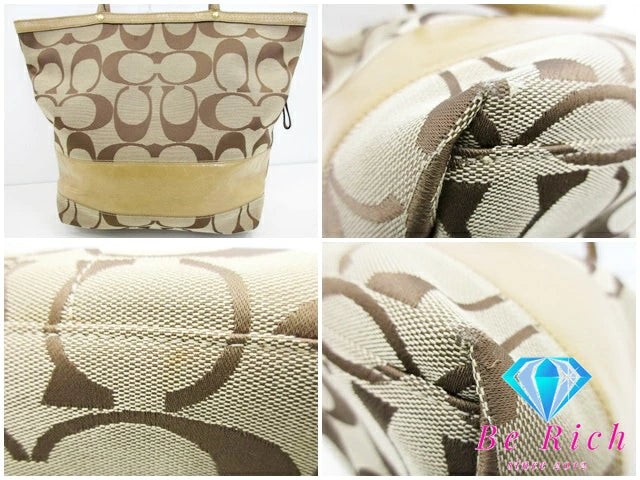 コーチ COACH トートバッグ ハンドバッグ F12428 シグネチャー ストライプ パテント ボーダー カーキ ベージュ キャンバス レザー ロゴ ショルダーバッグ 鞄 【中古】【送料無料】bk8389