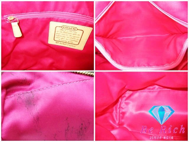 コーチ COACH トートバッグ ハンドバッグ F12428 シグネチャー ストライプ パテント ボーダー カーキ ベージュ キャンバス レザー ロゴ ショルダーバッグ 鞄 【中古】【送料無料】bk8389