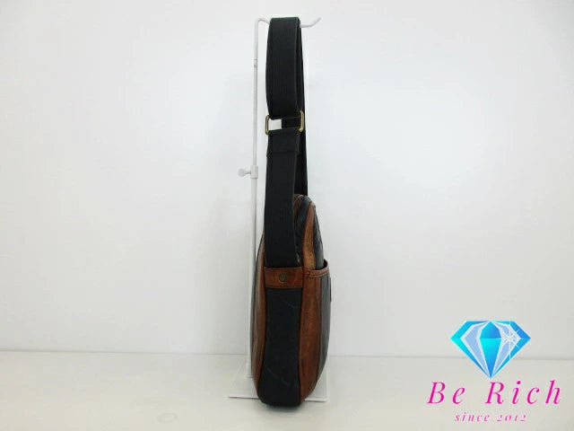 ハンティングワールド HUNTING WORLD ショルダーバッグ ブラウン ネイビー 紺 バチュークロス ナイロン レザー ロゴ クロスボディ 斜め掛け 鞄 【中古】【送料無料】 bk8551