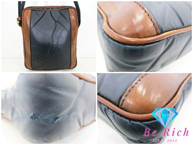 ハンティングワールド HUNTING WORLD ショルダーバッグ ブラウン ネイビー 紺 バチュークロス ナイロン レザー ロゴ クロスボディ 斜め掛け 鞄 【中古】【送料無料】 bk8551