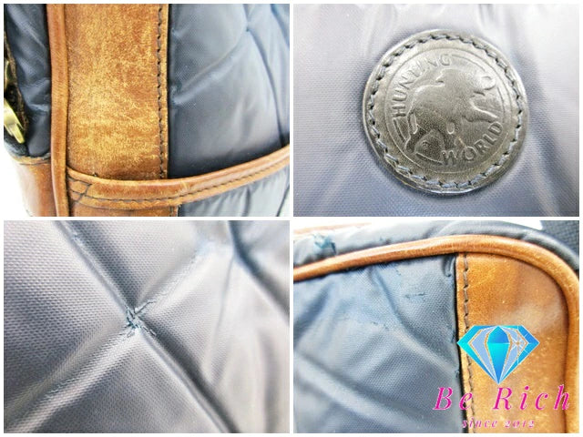 ハンティングワールド HUNTING WORLD ショルダーバッグ ブラウン ネイビー 紺 バチュークロス ナイロン レザー ロゴ クロスボディ 斜め掛け 鞄 【中古】【送料無料】 bk8551