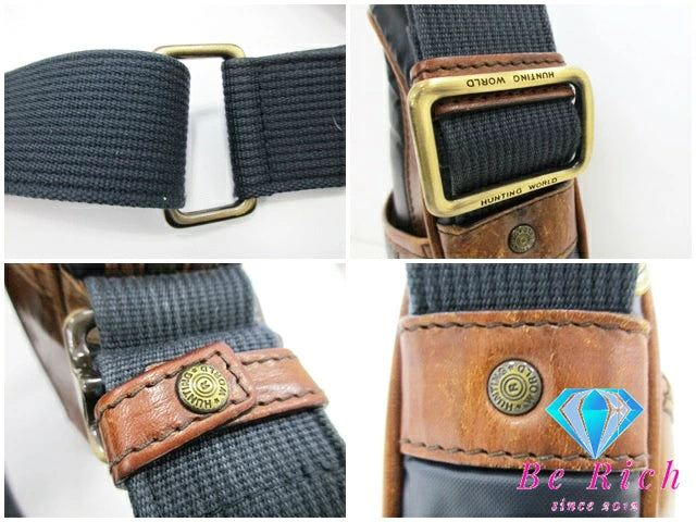 ハンティングワールド HUNTING WORLD ショルダーバッグ ブラウン ネイビー 紺 バチュークロス ナイロン レザー ロゴ クロスボディ 斜め掛け 鞄 【中古】【送料無料】 bk8551