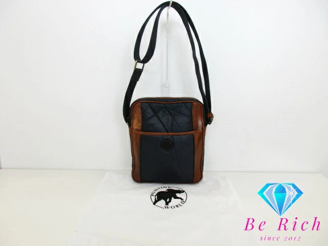 ハンティングワールド HUNTING WORLD ショルダーバッグ ブラウン ネイビー 紺 バチュークロス ナイロン レザー ロゴ クロスボディ 斜め掛け 鞄 【中古】【送料無料】 bk8551