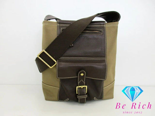 ハンティングワールド HUNTING WORLD ショルダーバッグ カーキ ブラウン キャンバス レザー ロゴ 斜め掛け 鞄  【中古】【送料無料】 bk8552