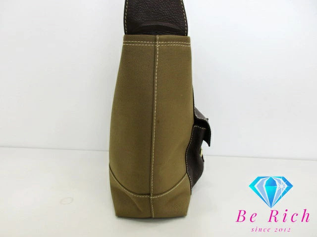 ハンティングワールド HUNTING WORLD ショルダーバッグ カーキ ブラウン キャンバス レザー ロゴ 斜め掛け 鞄  【中古】【送料無料】 bk8552