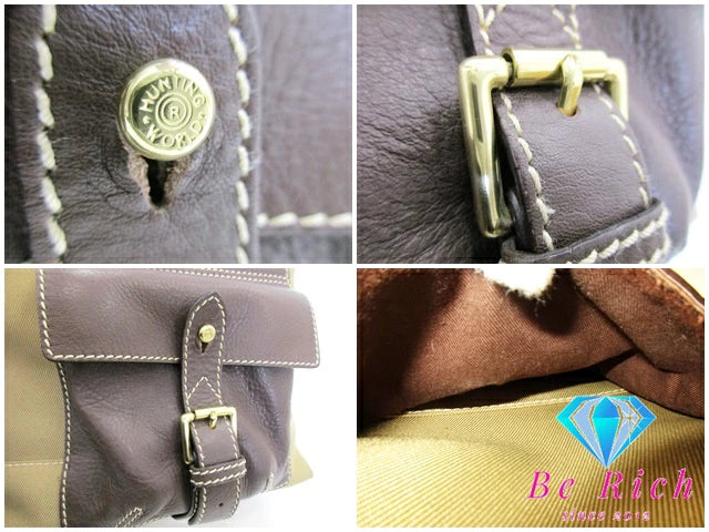 ハンティングワールド HUNTING WORLD ショルダーバッグ カーキ ブラウン キャンバス レザー ロゴ 斜め掛け 鞄  【中古】【送料無料】 bk8552