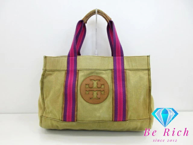 トリーバーチ ミラー キャンバス トートバッグ カーキ ピンク レザーハンドバッグ TORY BURCH 【中古】【送料無料】 bk8608