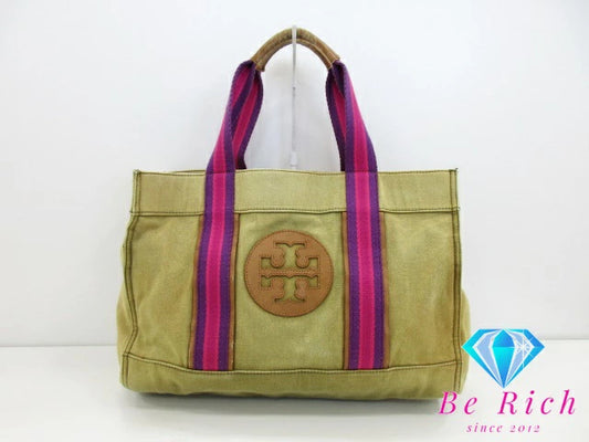 トリーバーチ ミラー キャンバス トートバッグ カーキ ピンク レザーハンドバッグ TORY BURCH 【中古】【送料無料】 bk8608