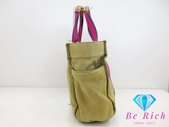 トリーバーチ ミラー キャンバス トートバッグ カーキ ピンク レザーハンドバッグ TORY BURCH 【中古】【送料無料】 bk8608