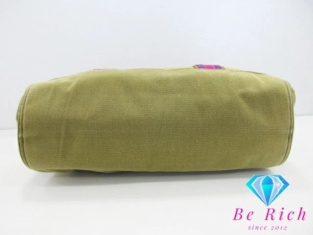 トリーバーチ ミラー キャンバス トートバッグ カーキ ピンク レザーハンドバッグ TORY BURCH 【中古】【送料無料】 bk8608