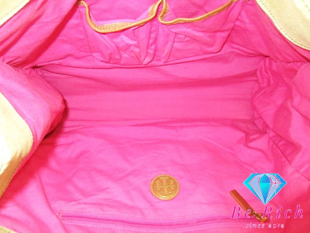 トリーバーチ ミラー キャンバス トートバッグ カーキ ピンク レザーハンドバッグ TORY BURCH 【中古】【送料無料】 bk8608