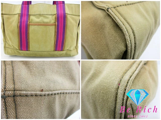 トリーバーチ ミラー キャンバス トートバッグ カーキ ピンク レザーハンドバッグ TORY BURCH 【中古】【送料無料】 bk8608